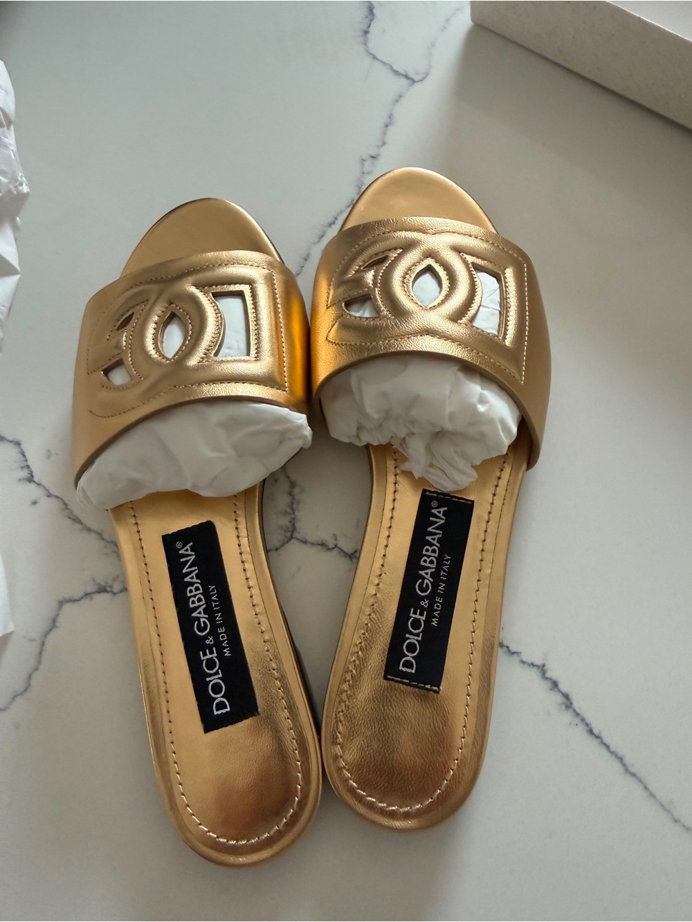 Brand New Dolce & Gabbana Metallic Gold Logo Slide Mules
